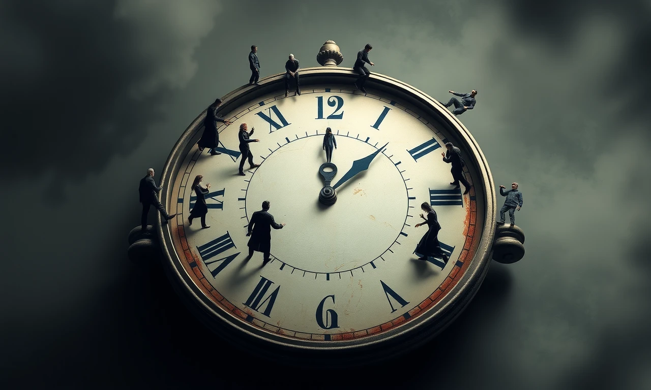 Surreal illustration depicting diverse individuals balancing on clock hands, representing universal time management challenges