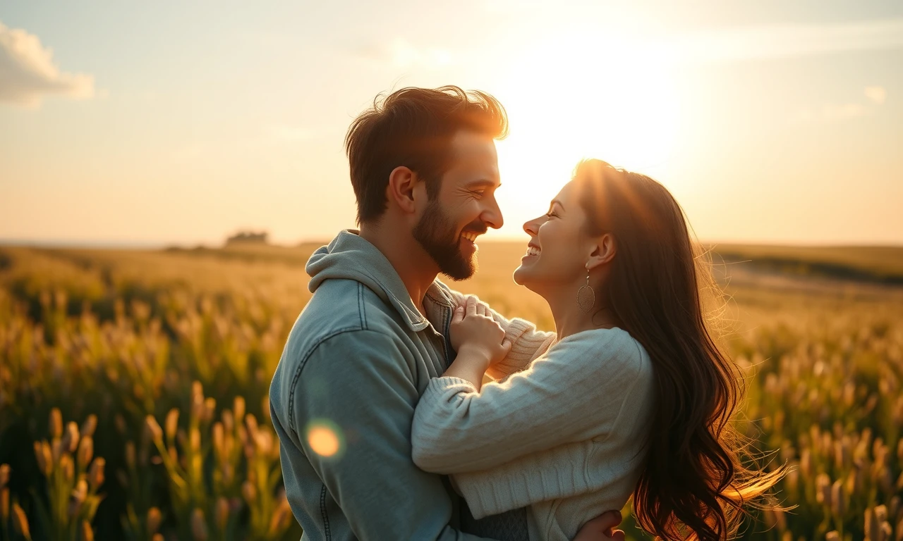 Couple embracing in a sunlit meadow, symbolizing love and connection