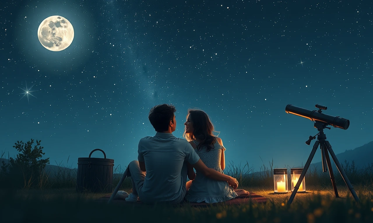 Couple on a romantic stargazing picnic date, symbolizing shared experiences and thoughtful surprises