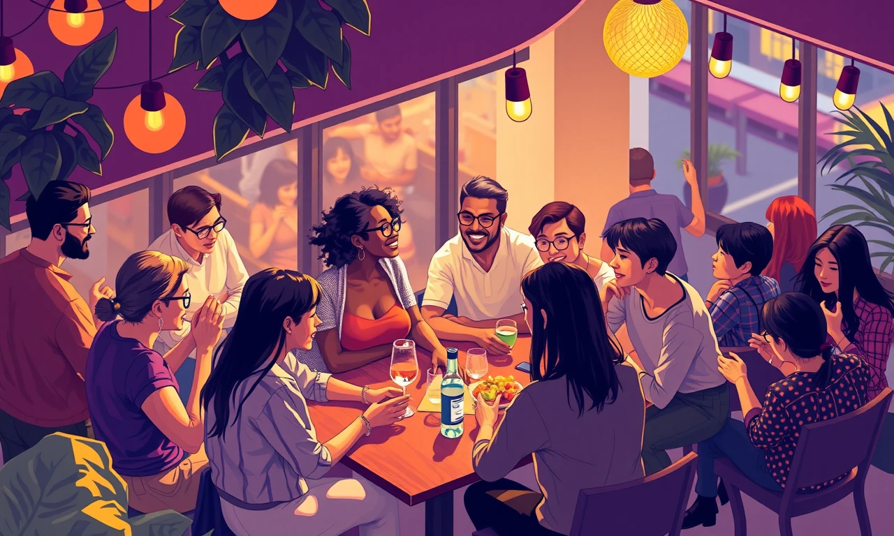 Abstract realist illustration of diverse individuals engaging in social activities, representing authentic dating connections