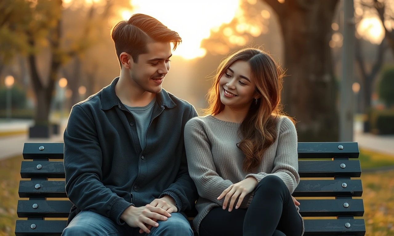 Two young adults showing subtle signs of attraction through body language and eye contact in a park setting