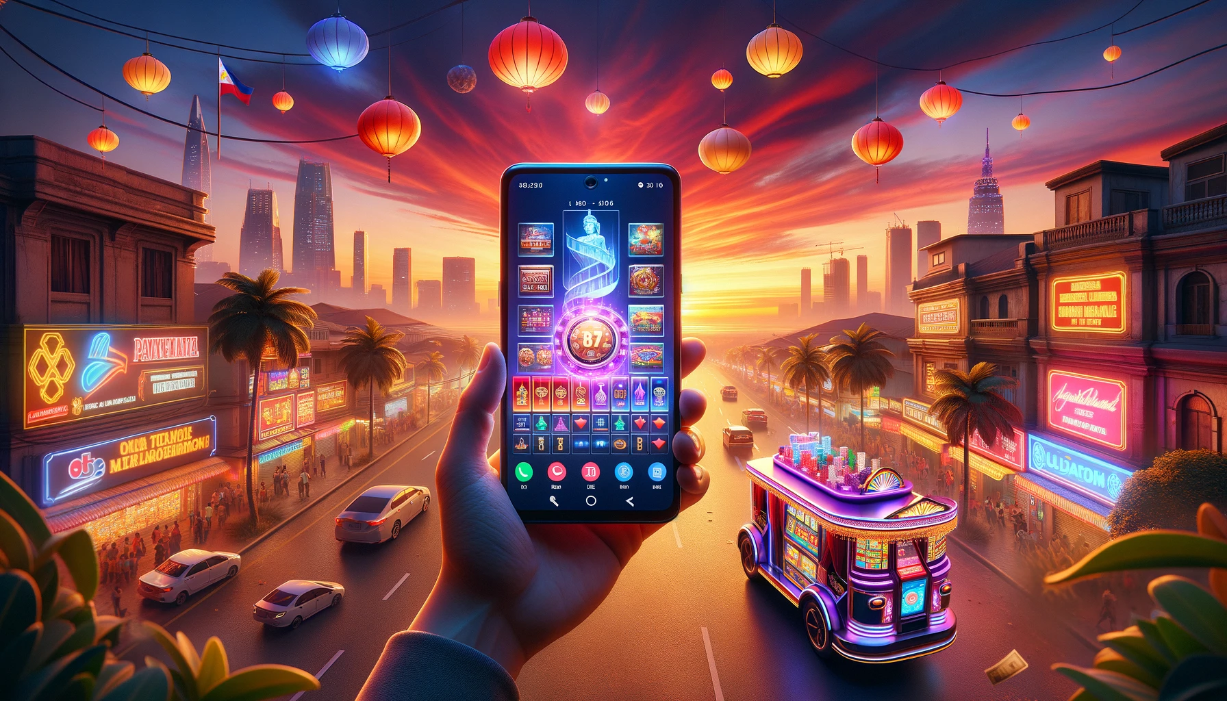 777pub Casino's interface on a smartphone with Filipino-inspired elements against Manila's skyline