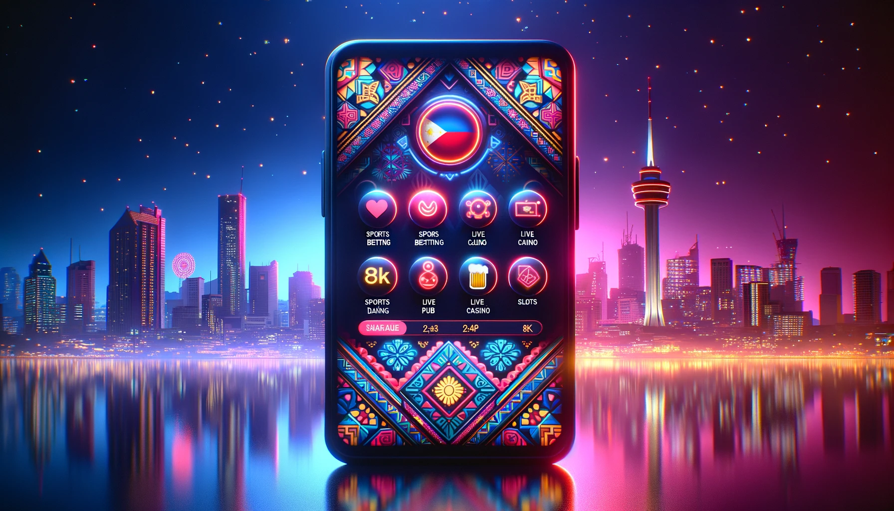 777pub's user-friendly interface on a smartphone with Filipino-inspired design elements against Manila's skyline