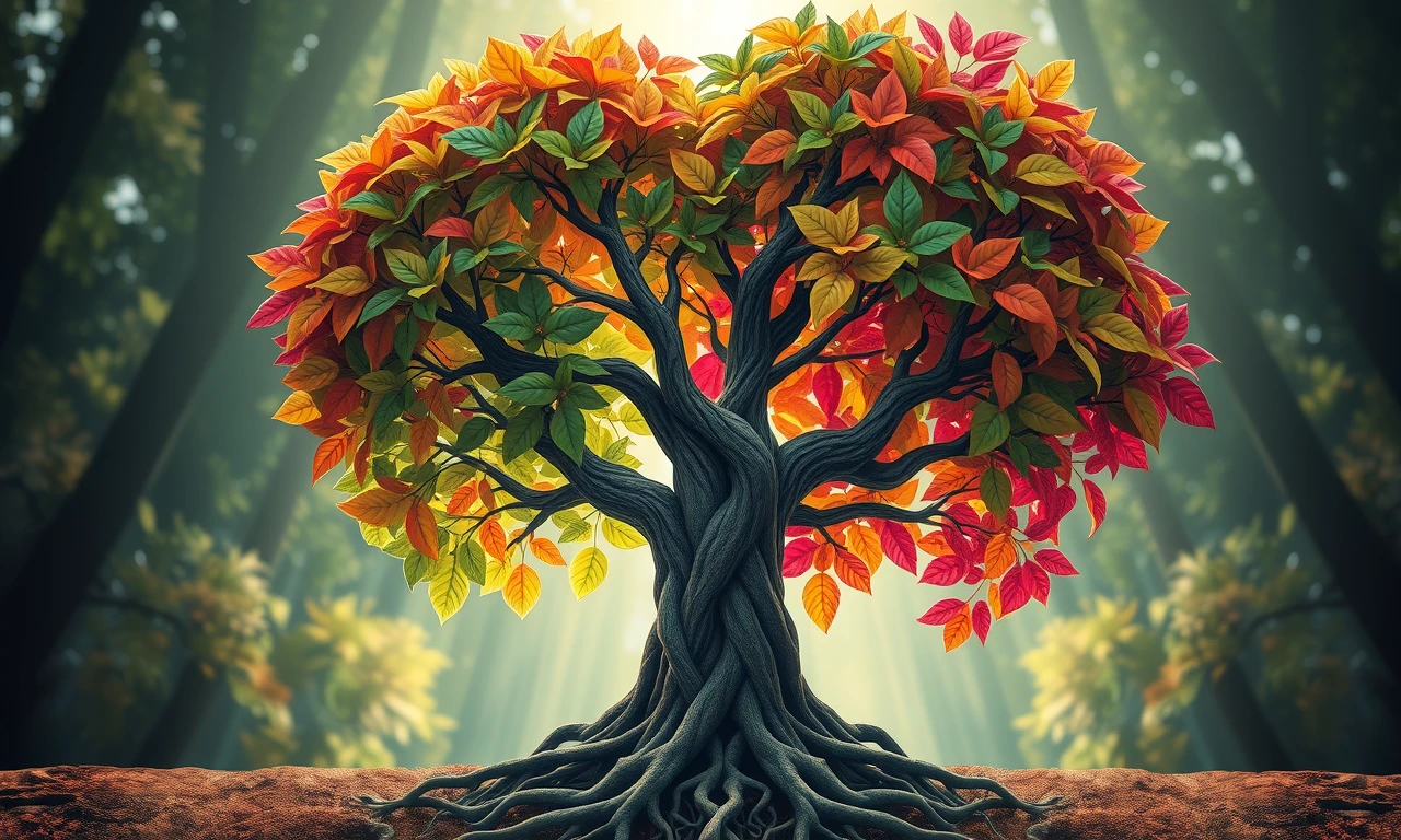 Surreal illustration of intertwined trees forming a heart, representing relationship growth, connection, and shared roots