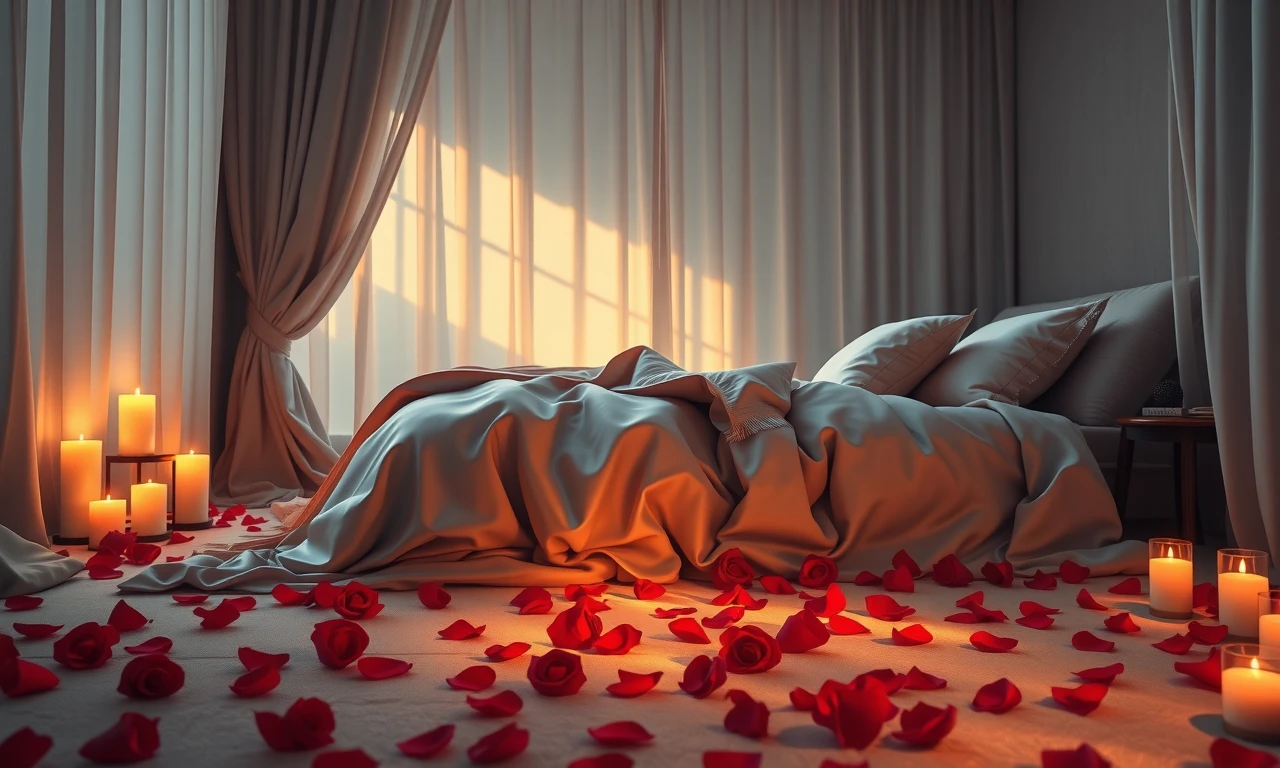 Romantic bedroom with soft lighting, luxurious textures, and intimate decor, creating a sensual atmosphere