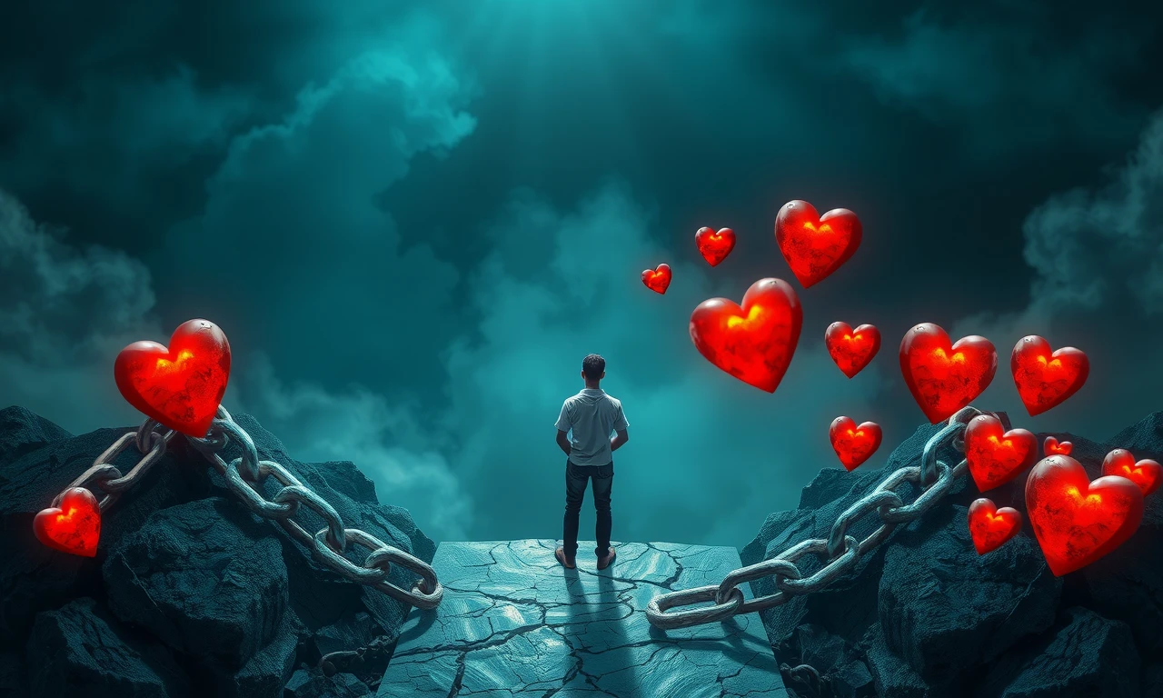 Person at crossroads choosing between broken chains and interconnected hearts, symbolizing breaking unhealthy relationship patterns