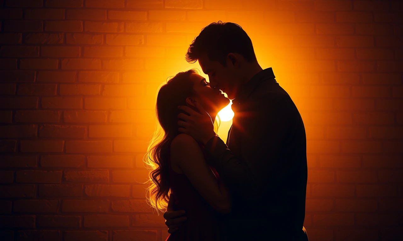 Passionate couple embracing against a wall, illustrating romantic intensity and connection