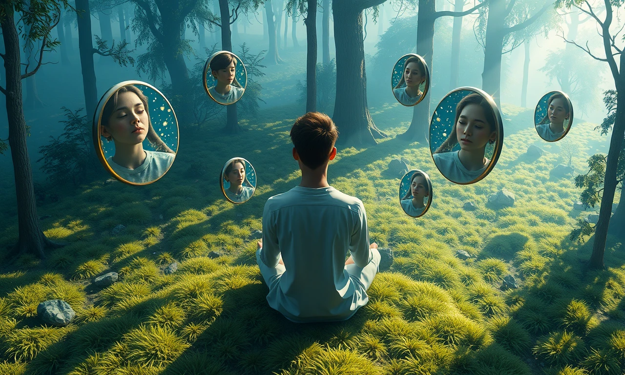 Surreal depiction of self-reflection and personal growth in a natural setting