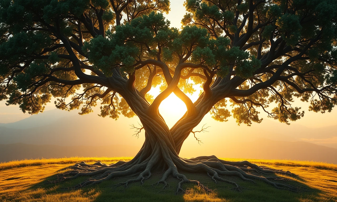 Magical realist illustration of intertwined trees representing aligned values in conscious relationships