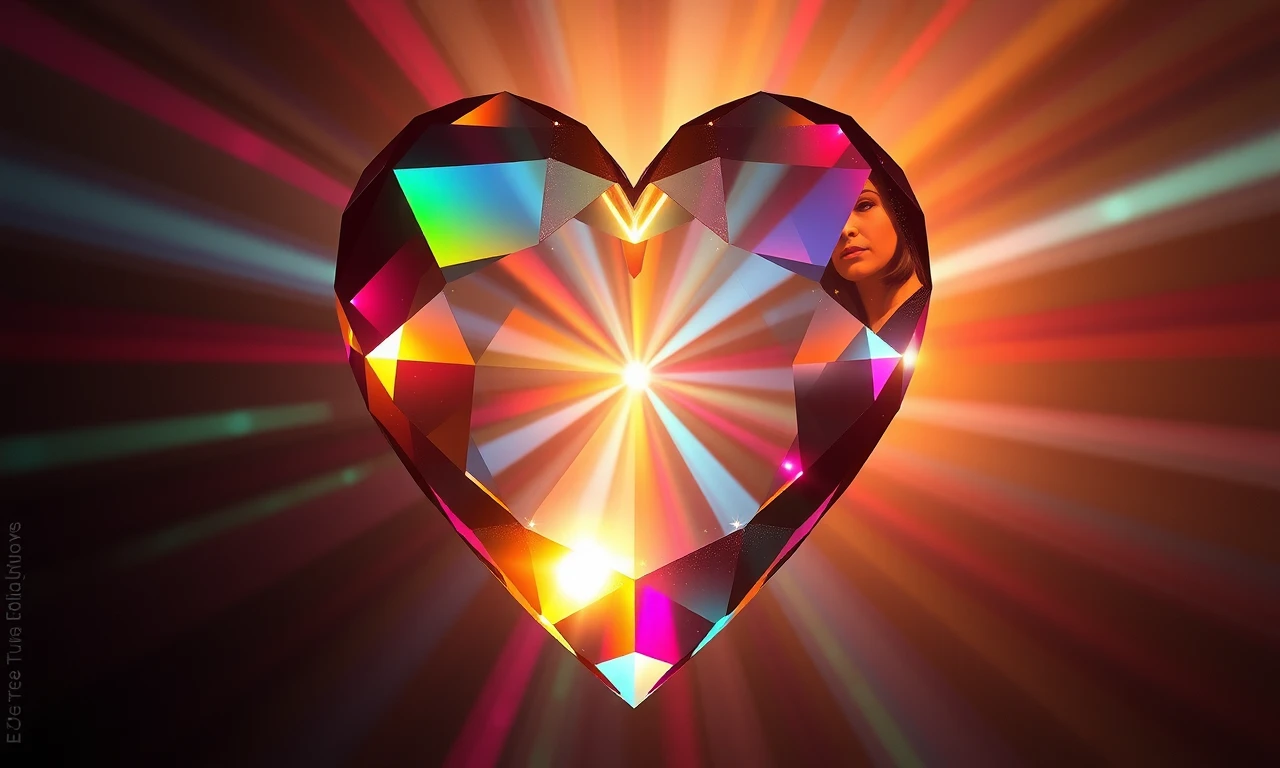 Heart-shaped prism refracting emotional spectrum of love and vulnerability