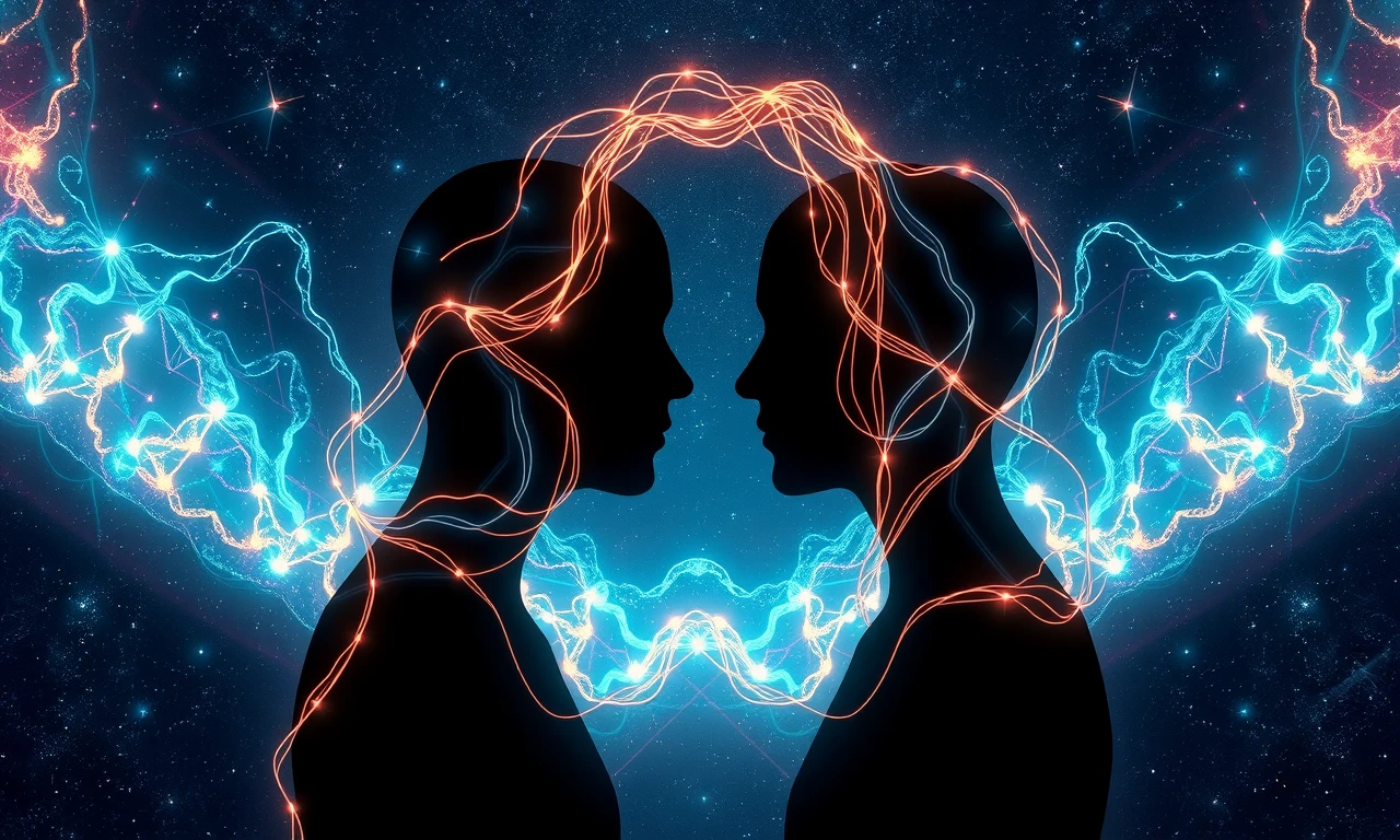 Surreal illustration depicting intimacy as intertwining energy threads connecting two silhouettes against a cosmic backdrop