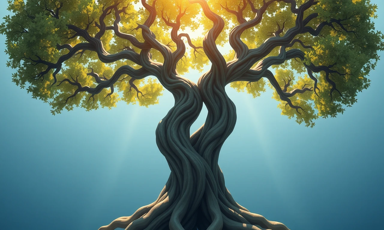 Magical realist illustration of intertwined trees representing independent growth and shared support in relationships