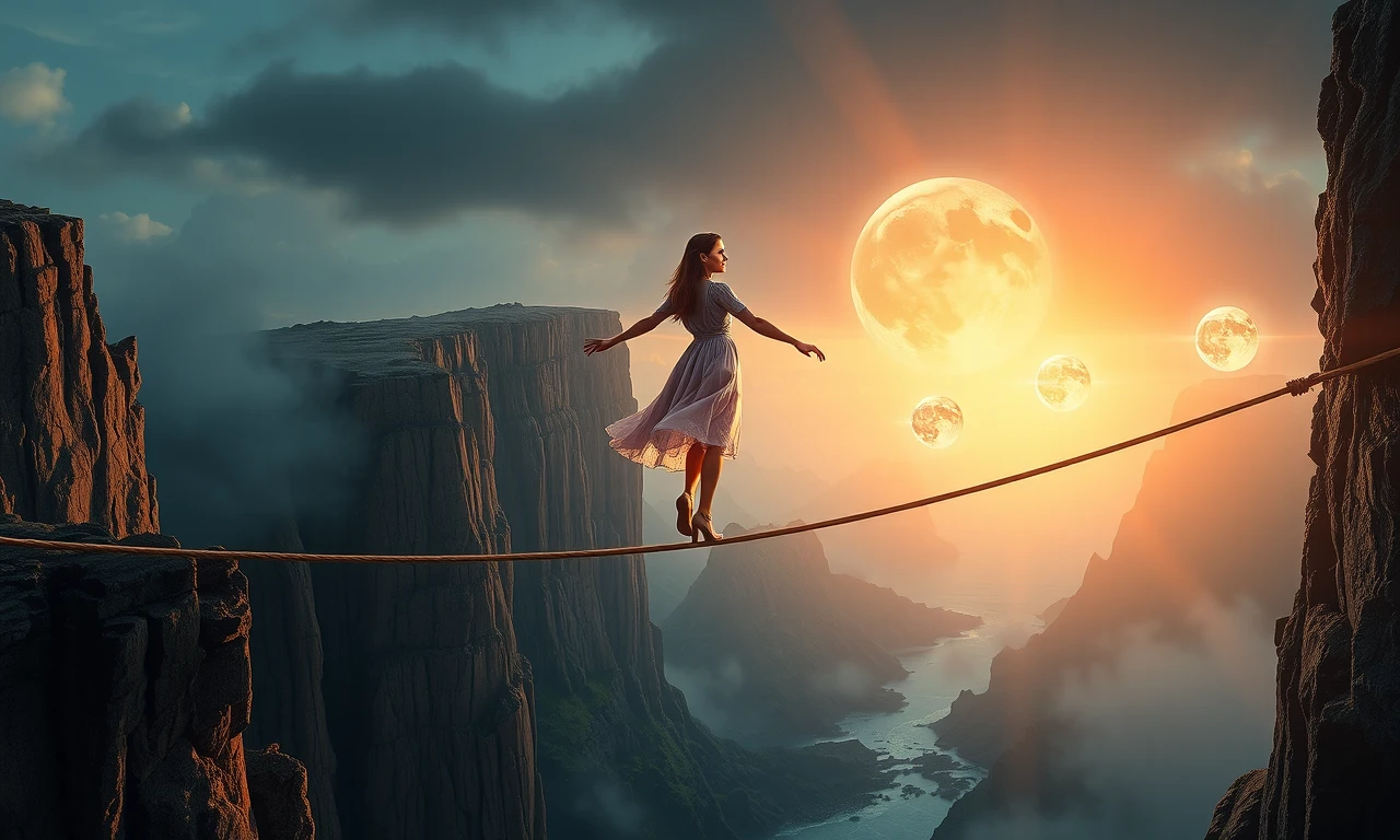 Magical realist illustration of a woman tightrope walking, balancing aspects of independence and intimacy