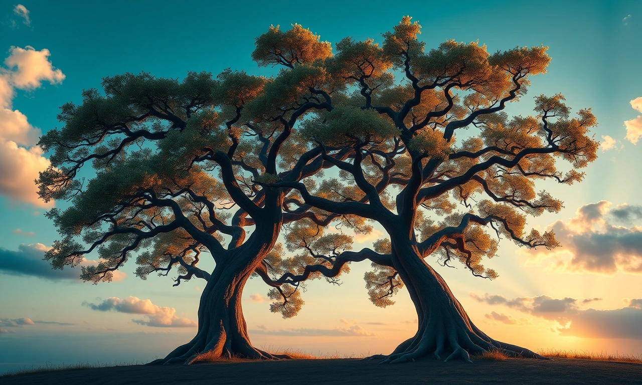 Magical realist illustration of two intertwined trees representing independence and partnership in relationships