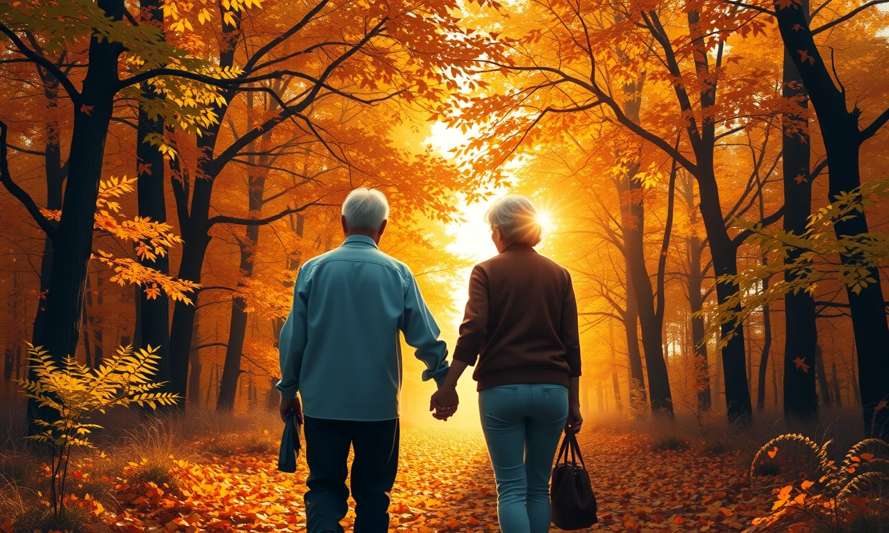 Elderly couple walking hand in hand through a vibrant autumn forest, symbolizing enduring love and shared life journey