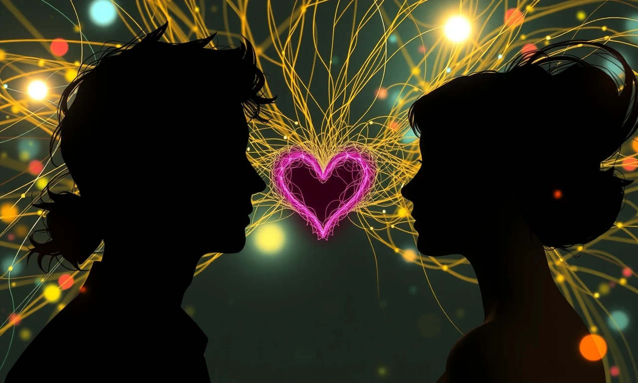 Abstract illustration of two silhouettes connected by colorful threads forming a heart, representing emotional intimacy and shared experiences