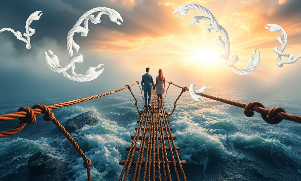 Couple overcoming relationship challenges symbolized by a rope bridge over turbulent waters, surrounded by symbols of growth and unity