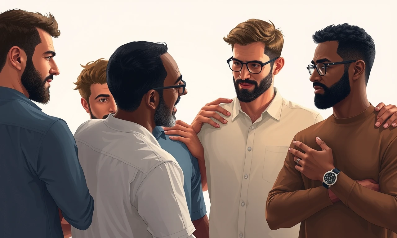 Men supporting each other through deep, emotional conversations, highlighting the importance of vulnerability and connection in relationships