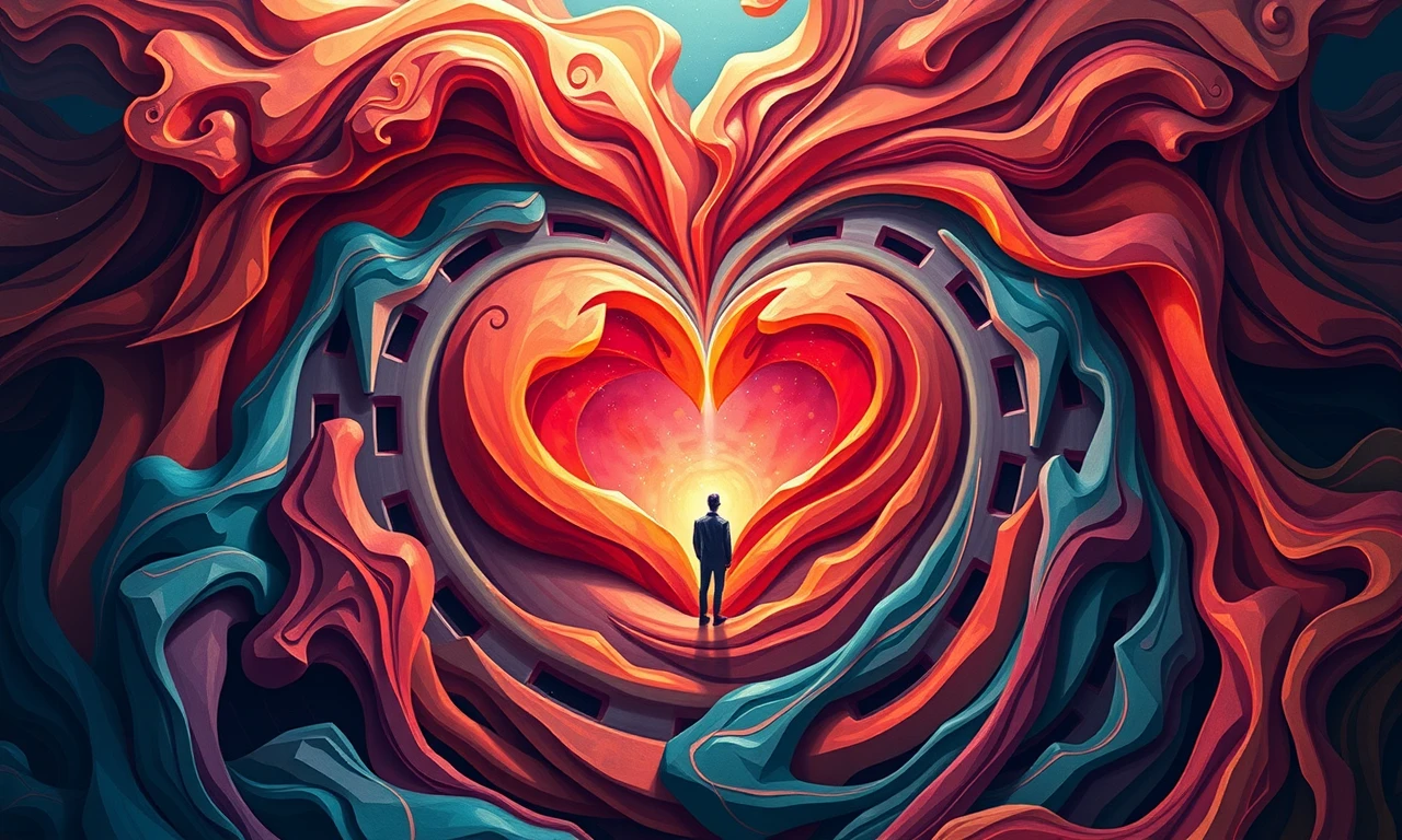 Surreal illustration of a heart-shaped labyrinth symbolizing the journey through unrequited love and self-discovery