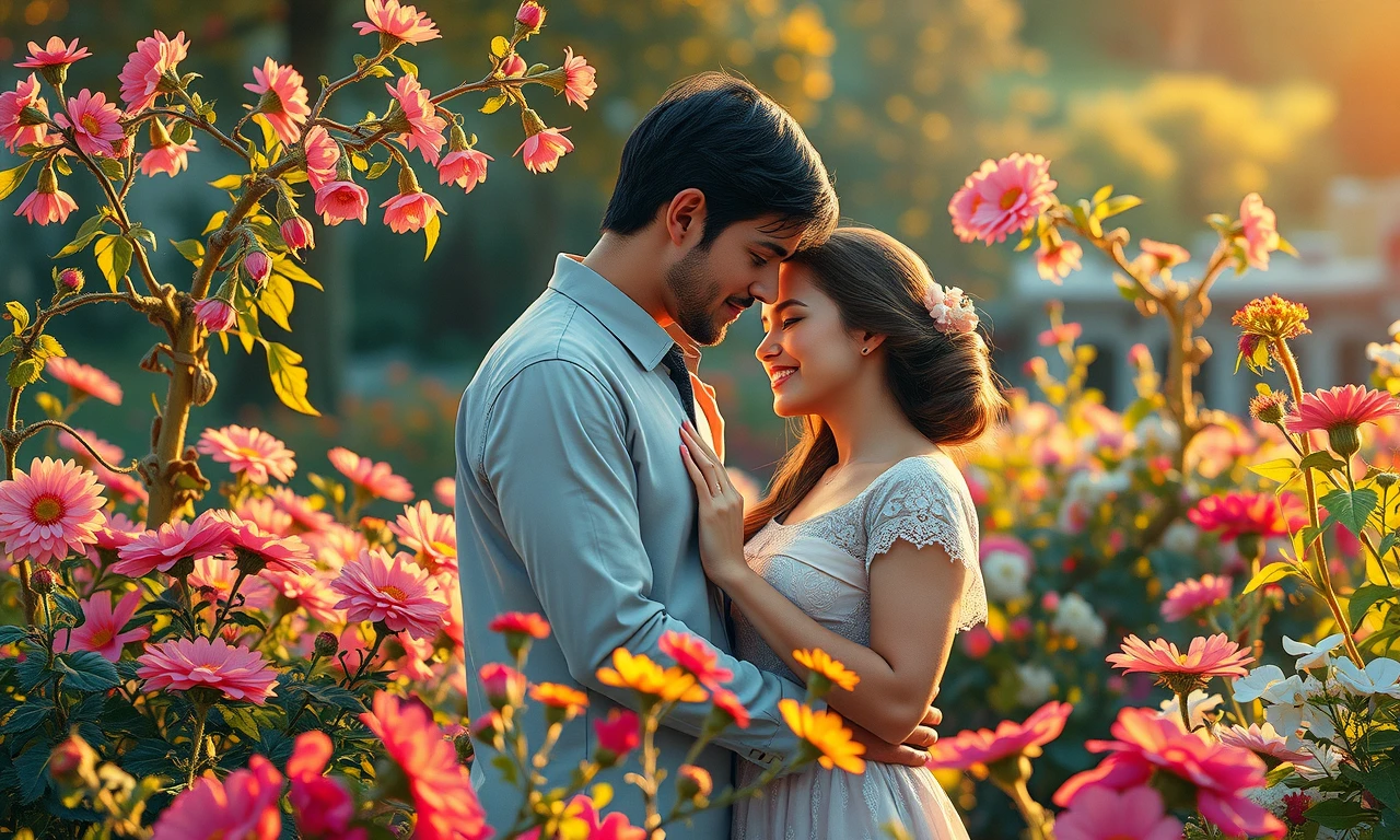 Couple expressing love in a beautiful garden, capturing the essence of romantic connection