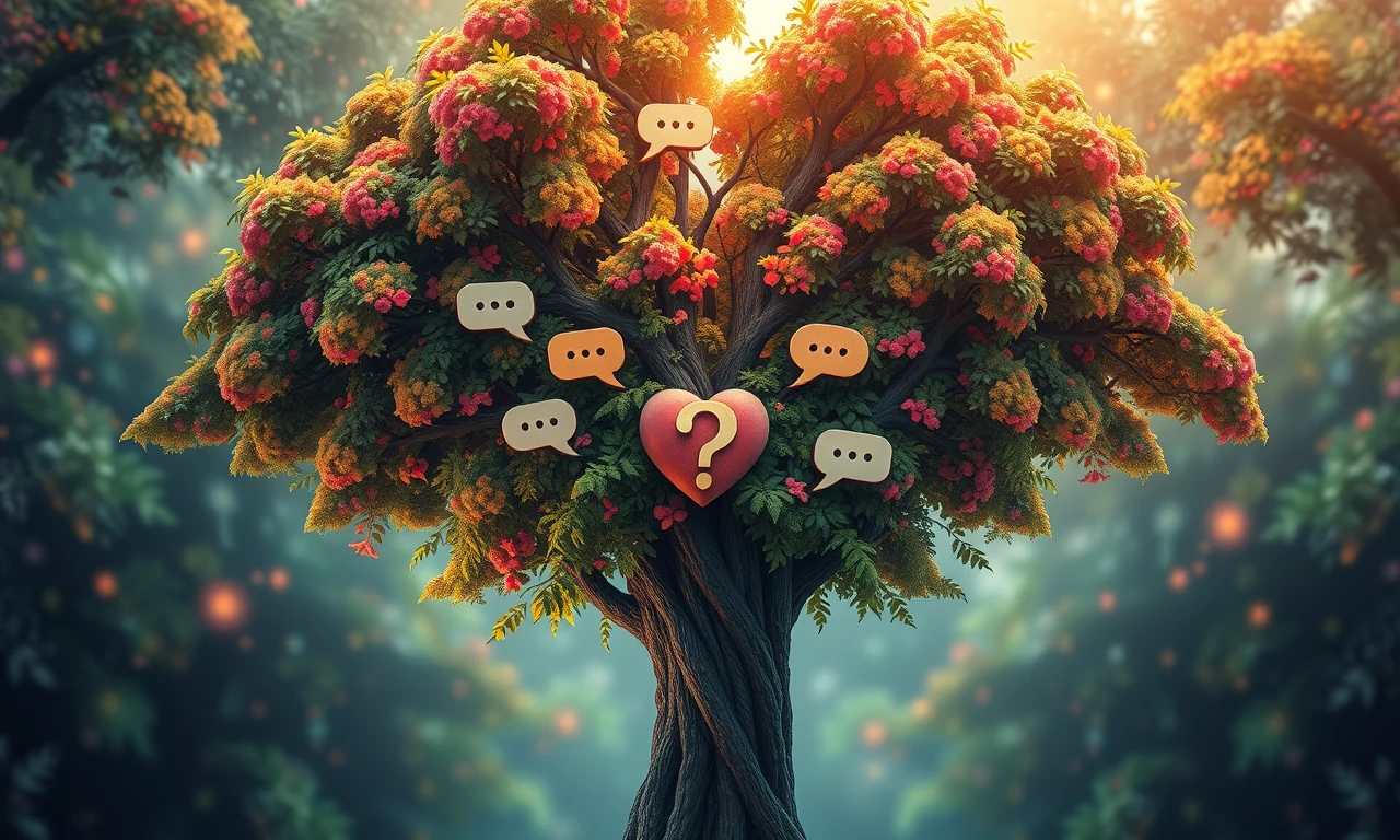 Surreal tree illustration representing relationship growth through communication and questions