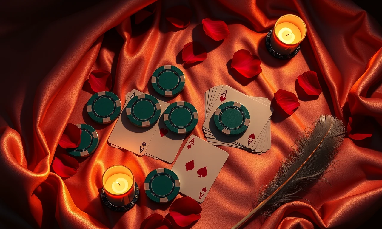 Sensual poker setup with cards, chips, and intimate accessories