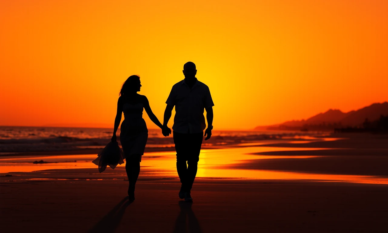 Silhouette of a couple walking hand-in-hand on a beach at sunset, symbolizing partnership and commitment in marriage