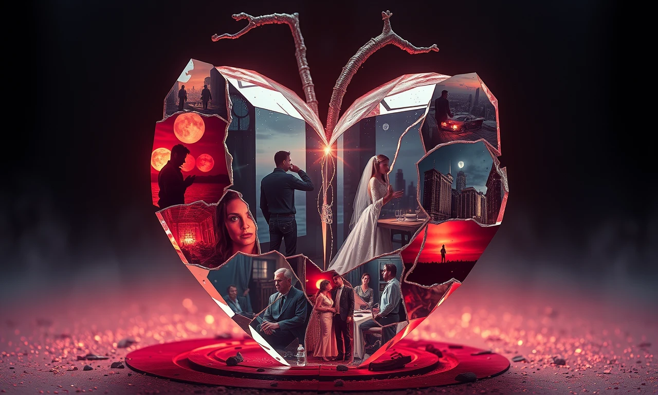 Surreal illustration of a fractured crystal heart reflecting diverse scenes of relationship betrayal, symbolizing the complex nature of infidelity