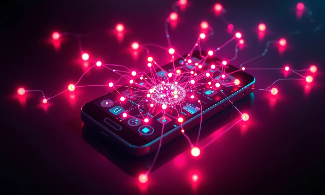 Abstract illustration of a smartphone emitting a web of glowing connections, symbolizing the complex world of digital infidelity