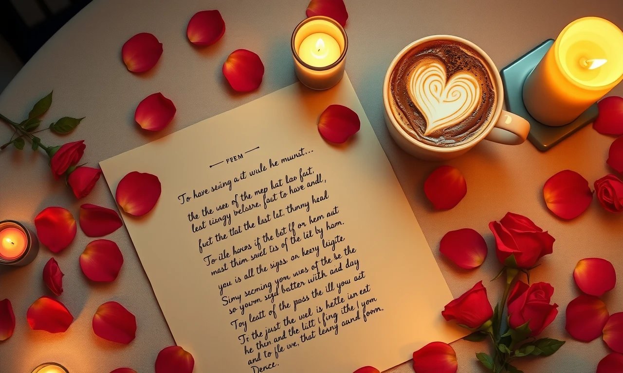 Romantic scene featuring a handwritten poem and latte art