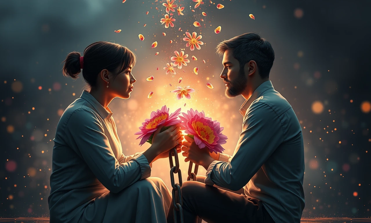 Surreal illustration depicting a couple rebuilding trust through open communication, symbolized by transforming chains and flourishing flowers