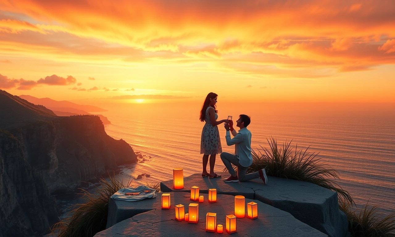 Romantic sunset proposal scene with couple on cliff surrounded by lanterns