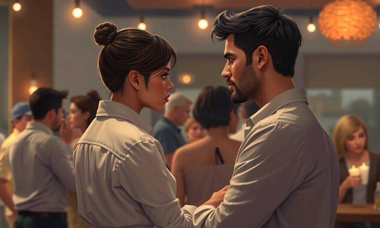 Photorealistic illustration of a couple's body language in a social setting, showcasing subtle cues of discomfort and protectiveness