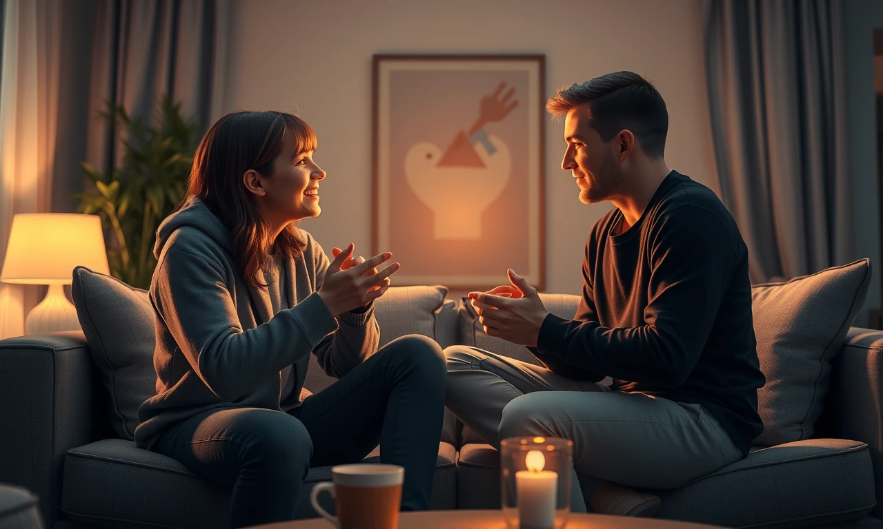 Photorealistic illustration of a couple engaged in open, supportive communication about emotions in an intimate living room setting