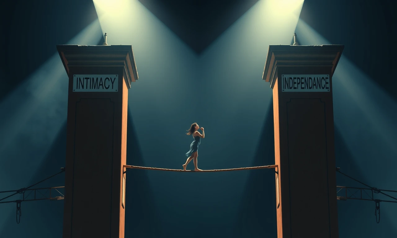 Surreal illustration of a tightrope walker balancing intimacy and independence in exclusive dating