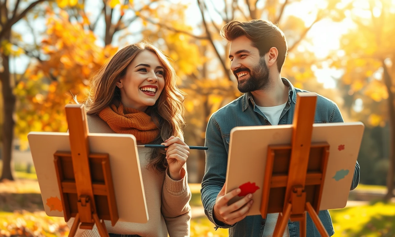 Couple painting together in a park, creating shared memories