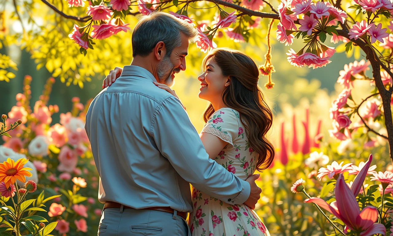 Husband and wife embracing in a garden, symbolizing renewed love