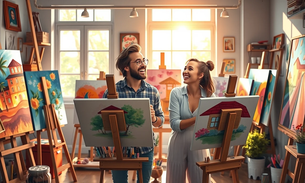 Couple enjoying a painting class together, symbolizing shared experiences and creativity