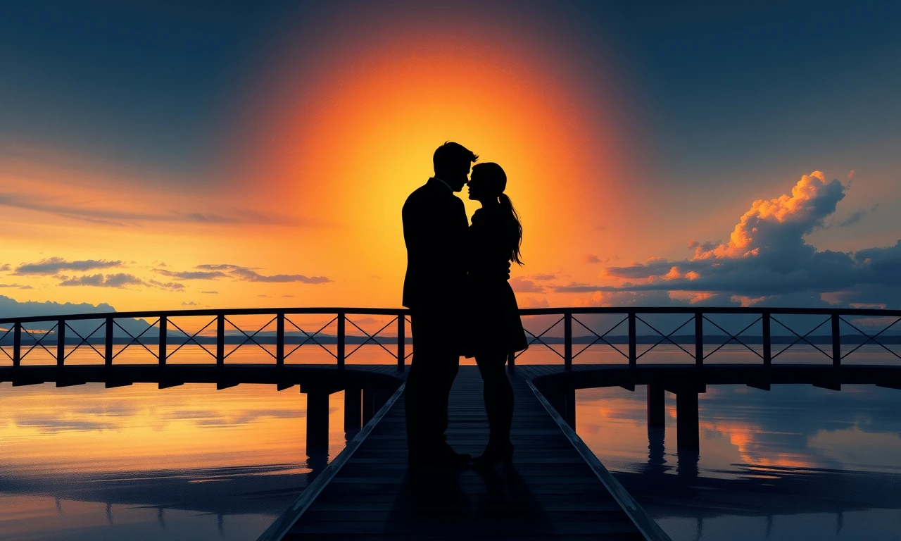 Couple on bridge, silhouettes intertwined, symbolizing trust and reassurance