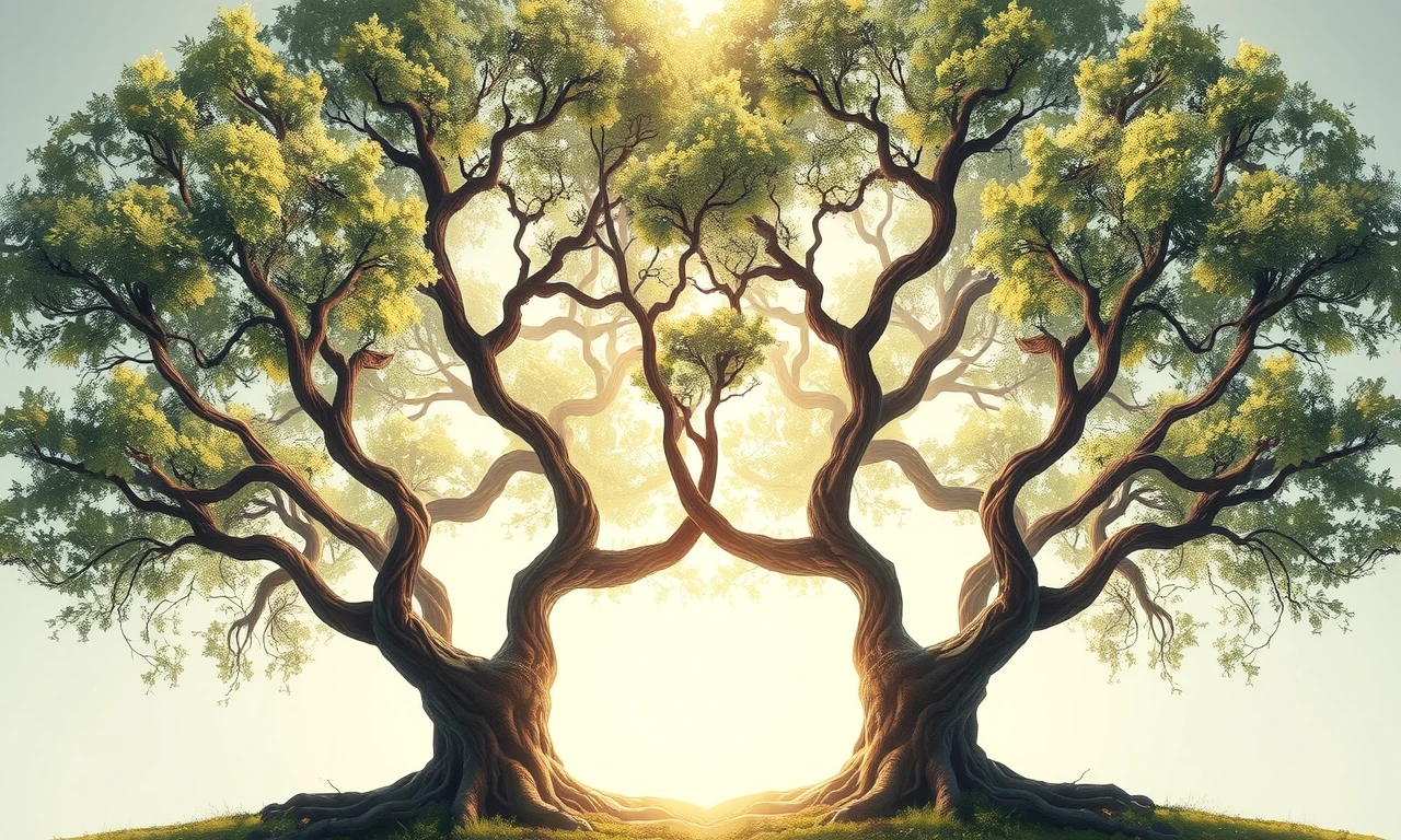 Surreal illustration of two intertwined trees with distinct canopies representing personal space and individuality in relationships