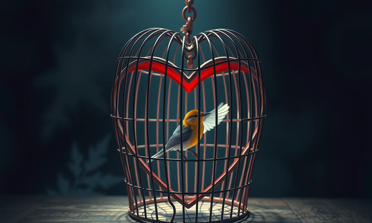 Heart-shaped birdcage with bird symbolizing the constraints of possessive relationships