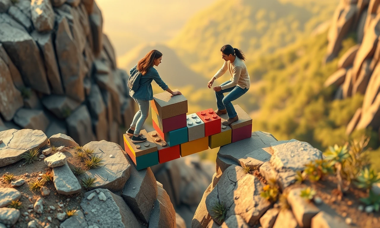 Couple collaboratively building a symbolic bridge to overcome affection barriers, illustrating relationship growth and mutual support