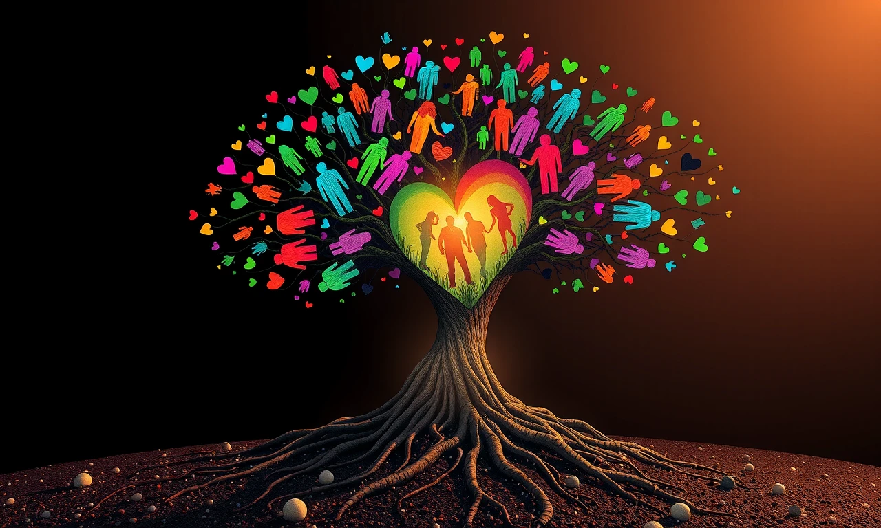 Surreal tree growing from heart seed, symbolizing relationship growth and healing