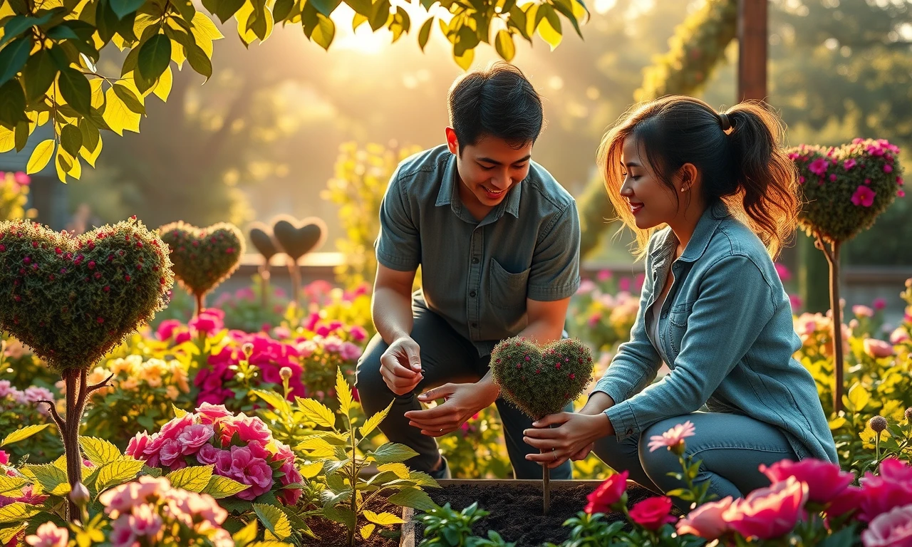 Couple cultivating a garden of love, symbolizing the nurturing of affection in their relationship through collaborative effort and shared vision