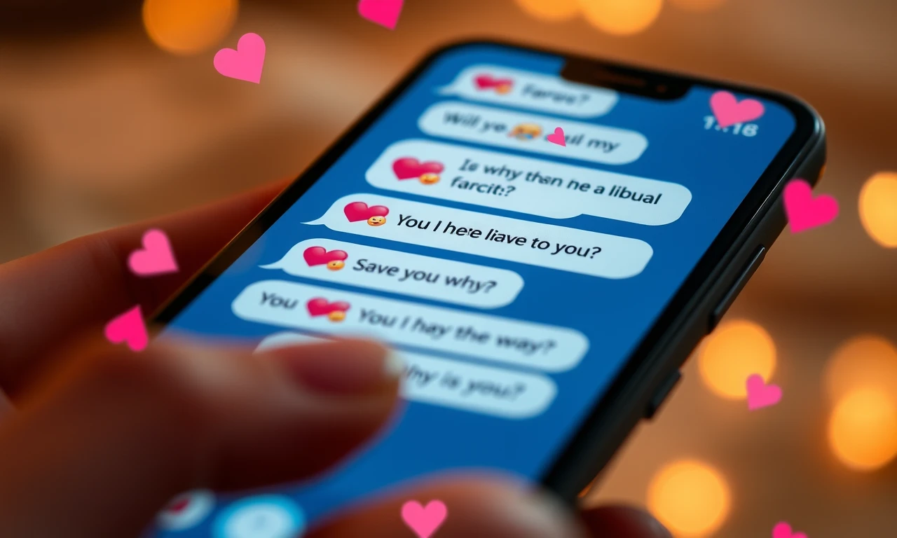 Flirtatious text messages on a smartphone screen with playful emojis and floating hearts