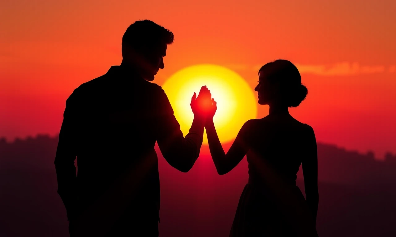 Couple embracing a shared future, silhouetted against a vibrant sunrise