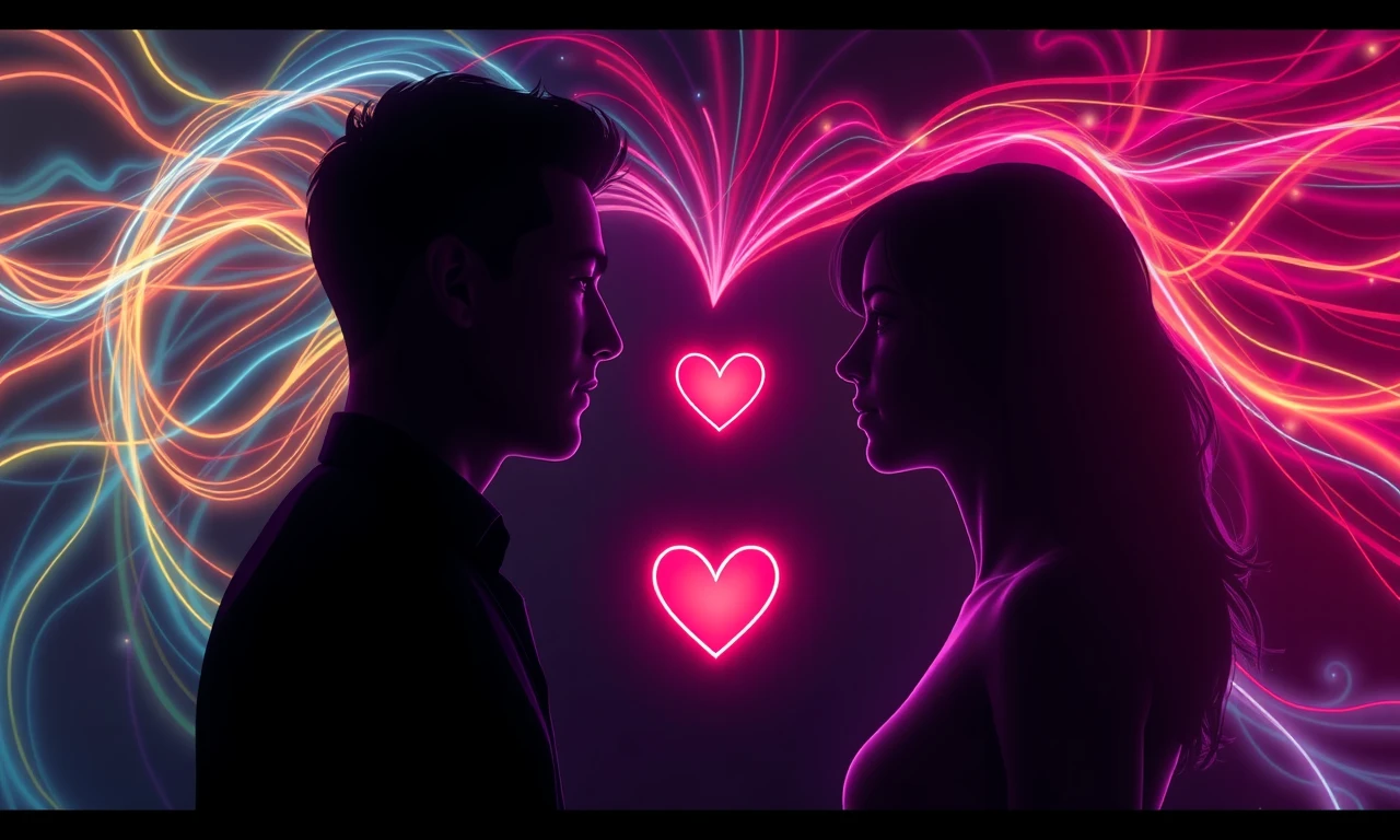 Abstract illustration of nonverbal attraction cues between two silhouettes with heart-shaped energy