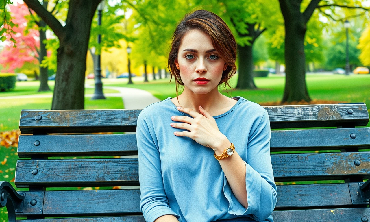 Woman reflecting on marital crossroads in serene park setting