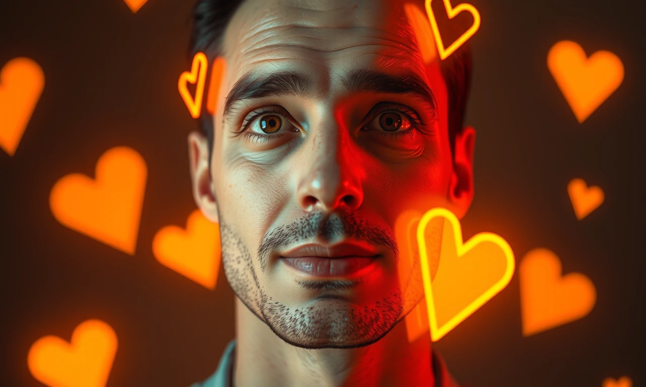 Surrealistic illustration of a man's face lit by abstract compliment-shaped lights, showcasing confidence and positive emotions