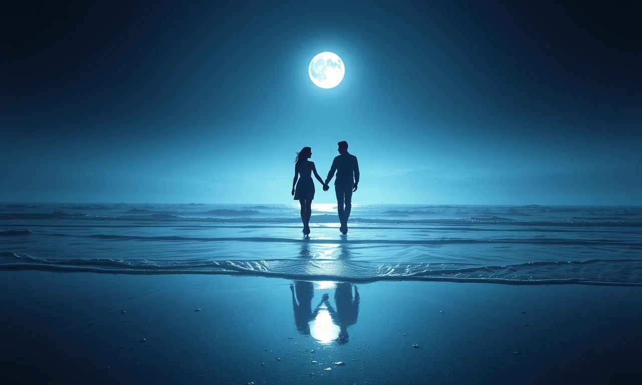 Couple strolling on a moonlit beach, symbolizing a slow-paced, intimate relationship journey